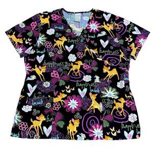 Disney Bambi Black Scrub Top Shirt Size Mediium Colorful  Thumper Floral Vibrant